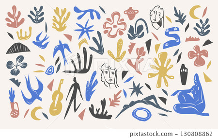 Colorful abstract elements with figures, birds and plants. Vector Colorful abstract elements with figures, birds and plants. Vector 130808862