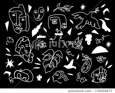 Abstract style lineart elements with faces birds plants isolated Abstract style lineart elements with faces birds plants isolated 130808873