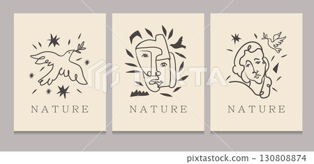 Abstract posters style lineart faces doves nature minimalist modern wall art 130808874