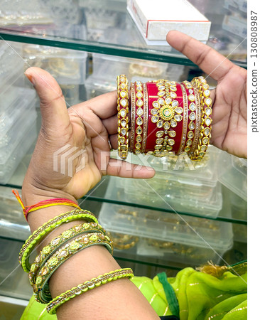 Close-Up of Traditional Bangles and Bridal Bangle Design Close-Up of Traditional Bangles and Bridal Bangle Design 130808987