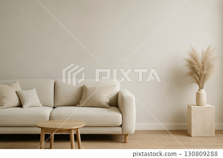 Scandinavian living room | Minimalist interior in beige tones / Copy space on the right (16:9) 130809288