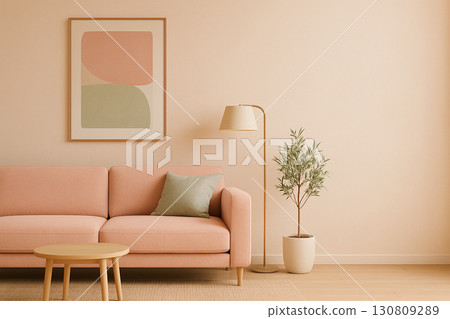 Scandinavian living room | Pink sofa and gold stand / Copy space on the right (16:9) Scandinavian living room | Pink sofa and gold stand / Copy space on the right (16:9) 130809289