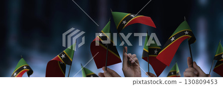 Saint Kitts and Nevis flags in their hands on a blurred urban background 130809453