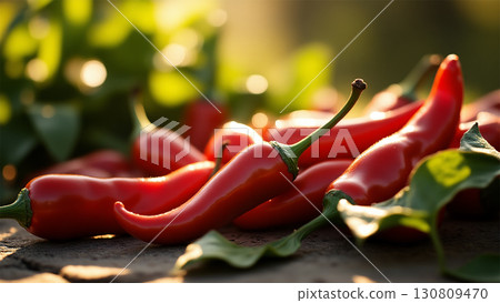 Red fresh chili close up photo. spice and vegetable food ingredients 130809470
