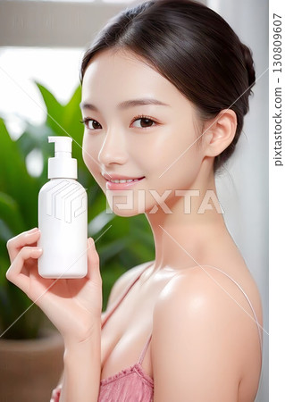 拿著化妝品瓶的年輕女子 130809607