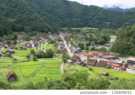 Shirakawa-go in summer, view from the Shiroyama Castle Tower Observatory Shirakawa-go in summer, view from the Shiroyama Castle Tower Observatory 130809652