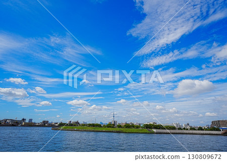 Nakagawa River and Skytree under the clear blue sky 130809672