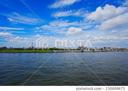 Nakagawa River and Skytree under the clear blue sky 130809673