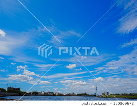 Nakagawa River and Skytree under the clear blue sky Nakagawa River and Skytree under the clear blue sky 130809678