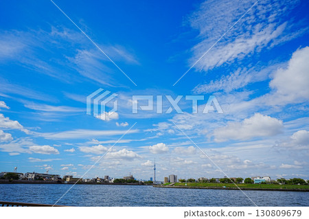 The residential area of Okuto seen from the Nakagawa River under the clear blue sky The residential area of Okuto seen from the Nakagawa River under the clear blue sky 130809679
