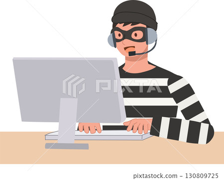 cyber attack scene showing masked hacker at computer depicting scammer online scam and cybersecurity threat prevention awareness 130809725