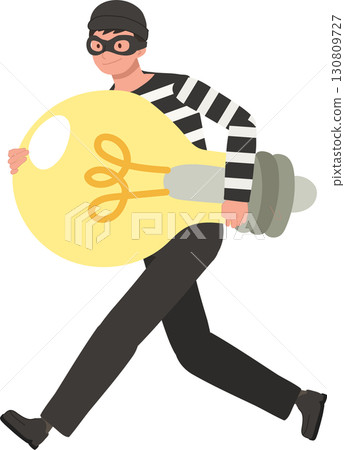 thief in striped shirt running with large light bulb shows idea theft where a business concept is stolen highlighting creativity 130809727