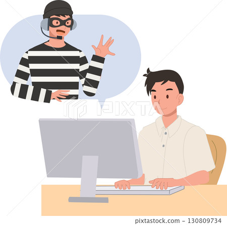 online scam deception with student boy at computer showing criminal fraud call center trick and youth internet danger awareness 130809734