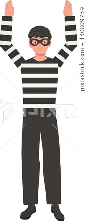 thief robber burglar cartoon illustration with striped shirt and mask hands up surrender pose arrested 130809739