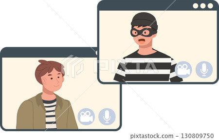 a scammer in striped shirt and mask impersonating another person during online video call highlighting fraud identity theft and cybercrime risks 130809750