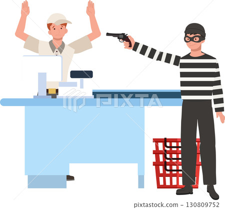 a criminal with a handgun robbing a shop cashier at the register highlighting danger crime and fear in retail 130809752