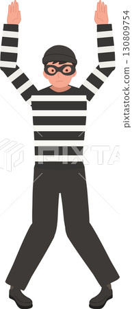 robber character wearing striped outfit black mask surrendering by hands raised 130809754