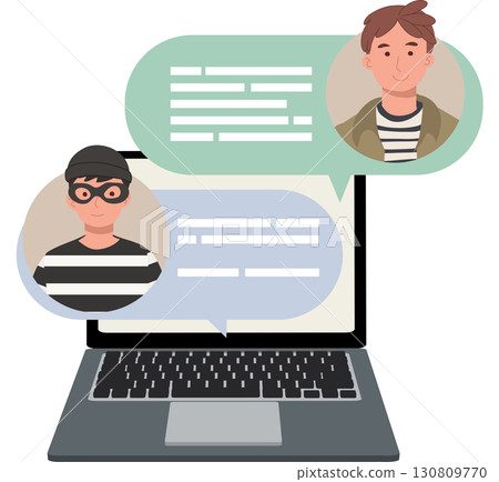 online chat illustration with man and scammer showing cybercrime fraud and internet security awareness concept 130809770