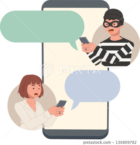 scammer chatting on mobile phone and woman victim conversation. online scam cybercrime concept. 130809782