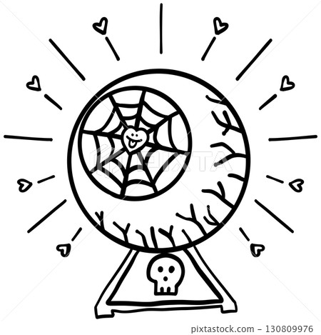 halloween illustration. Hand-drawn spooky eyeball with spiderweb and skull on a stand 130809976
