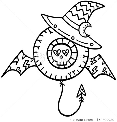 halloween illustration. Halloween-themed balloon with skull, wings, witch hat, and devil tail. 130809980