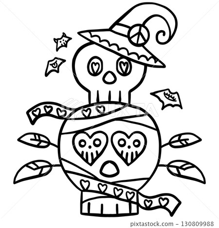 halloween illustration. Black and white Halloween skull with hearts, leaves, and a witch hat. 130809988