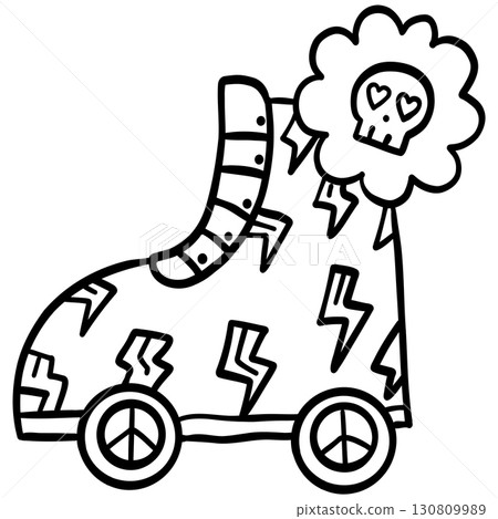 halloween illustration. Black and white doodle of a roller skate with lightning bolts and a skull cloud. halloween illustration. Black and white doodle of a roller skate with lightning bolts and a skull cloud. 130809989