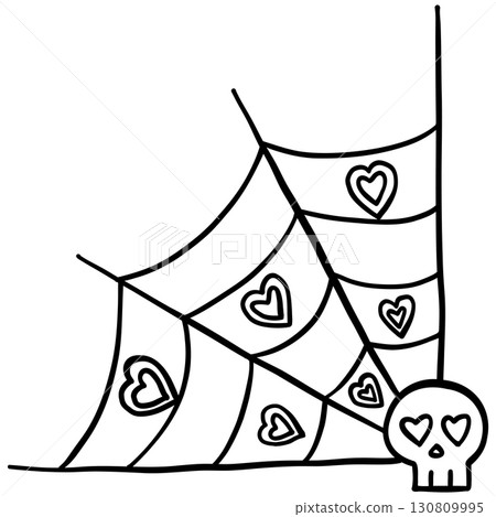 halloween illustration. Spider web with heart shapes and a skull with heart eyes in corner. halloween illustration. Spider web with heart shapes and a skull with heart eyes in corner. 130809995