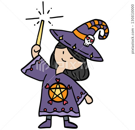 halloween illustration. Cartoon witch wearing purple robe and hat casting a spell with a wand. halloween illustration. Cartoon witch wearing purple robe and hat casting a spell with a wand. 130810000