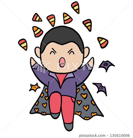 halloween illustration. Cartoon vampire child excitedly catching flying candy corn in Halloween costume. halloween illustration. Cartoon vampire child excitedly catching flying candy corn in Halloween costume. 130810006