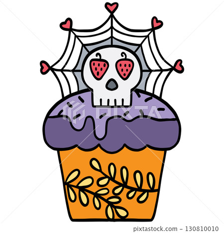 halloween illustration. Colorful cupcake with skull, spider web, and heart details illustration 130810010
