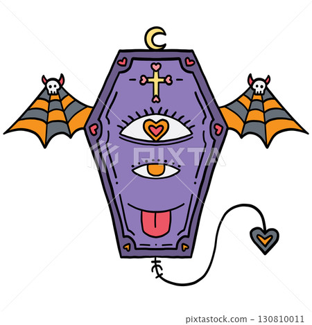 halloween illustration. Purple coffin with eyes, tongue, crescent moon, and bat wings with skulls. 130810011