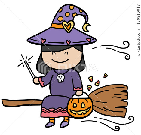 halloween illustration. Cute cartoon witch flying on broomstick with Halloween pumpkin bucket halloween illustration. Cute cartoon witch flying on broomstick with Halloween pumpkin bucket 130810018