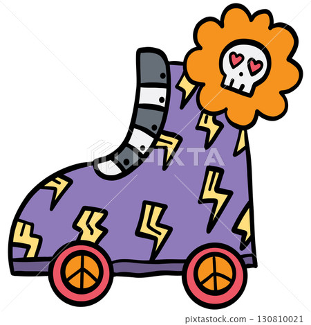 halloween illustration. Purple roller skate with lightning patterns and flower with skull design. 130810021