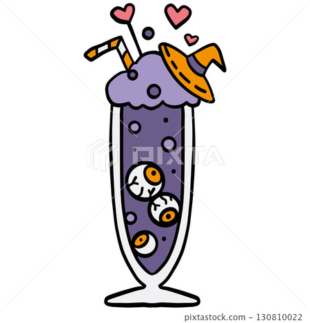 halloween illustration. Halloween-themed purple drink with eyeballs, straw, and witch hat decoration. 130810022