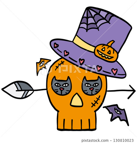 halloween illustration. Halloween skull with cats in eyes, purple witch hat, and bats flying around 130810023