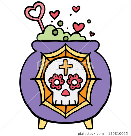 halloween illustration. Purple cauldron with green potion and sugar skull design with hearts above. 130810025