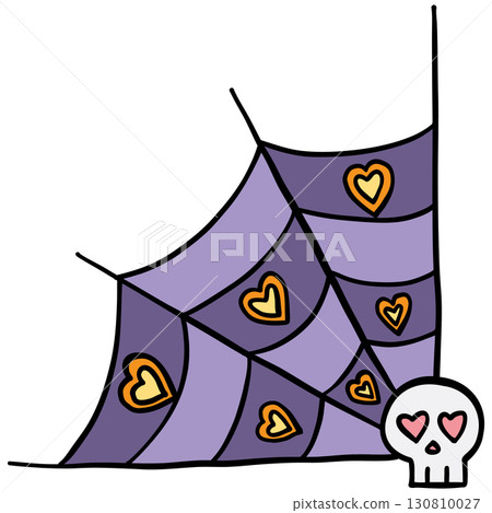 halloween illustration. Purple spider web with heart shapes and a skull with heart eyes. 130810027