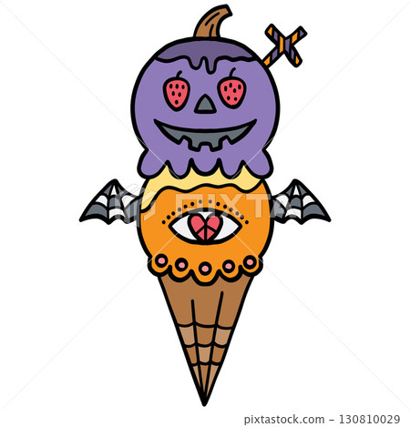 halloween illustration. Halloween-themed ice cream cone with spooky decorations and wings 130810029