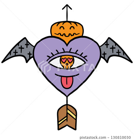 halloween illustration. Purple heart with eye, pumpkin, skull, wings, and arrow in Halloween style halloween illustration. Purple heart with eye, pumpkin, skull, wings, and arrow in Halloween style 130810030