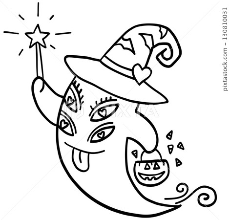 halloween illustration. Whimsical four-eyed ghost with a wizard hat, wand, and Halloween pumpkin bucket. halloween illustration. Whimsical four-eyed ghost with a wizard hat, wand, and Halloween pumpkin bucket. 130810031