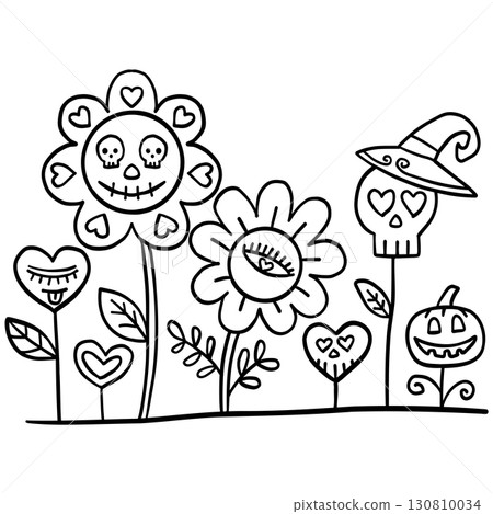 halloween illustration. Halloween-themed doodle flowers and pumpkins with skull faces and hearts 130810034