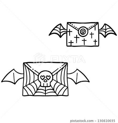 halloween illustration. Two Halloween-themed envelopes with bat wings and spooky decorations. halloween illustration. Two Halloween-themed envelopes with bat wings and spooky decorations. 130810035