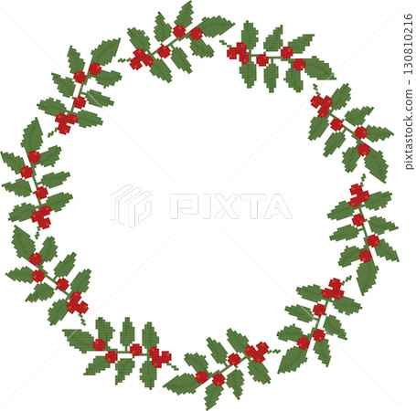 A festive Christmas pixel art wreath of holly and berries. Simple and charming, perfect for holiday cards, invitations, or digital designs. A festive Christmas pixel art wreath of holly and berries. Simple and charming, perfect for holiday cards, invitations, or digital designs. 130810216