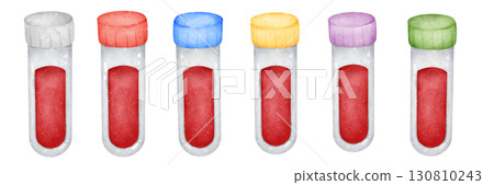 Cartoon watercolor illustration of blood test tubes with colorful caps, medical laboratory equipment clipart isolated on white background 130810243