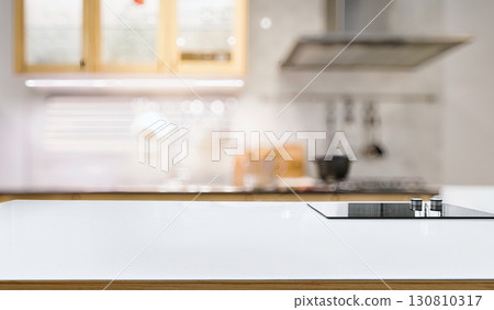 White kitchen counter with cloth and blurred background for mockup 130810317