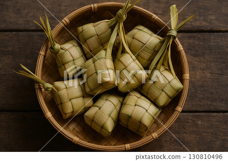 Ketupat served in a basket bowl symbolizing festive Hari Raya meal 130810496
