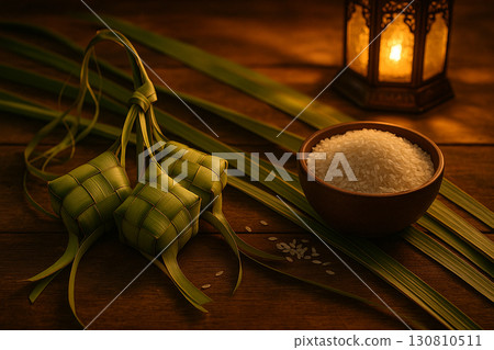 Traditional ketupat bundle tied with rice bowl and Eid light background 130810511