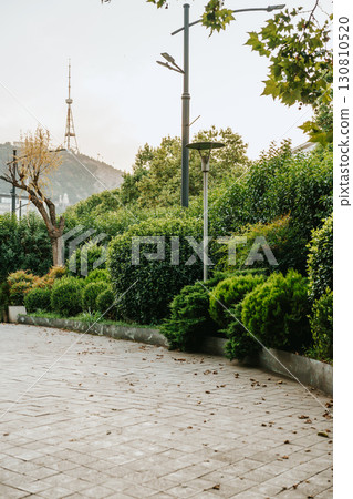 Lush green park setting with mountains and communication tower in the background during a calm evening Lush green park setting with mountains and communication tower in the background during a calm evening 130810520