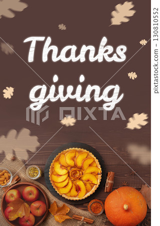 Thanksgiving celebration with pumpkin pie and autumn decorations at home Thanksgiving celebration with pumpkin pie and autumn decorations at home 130810552
